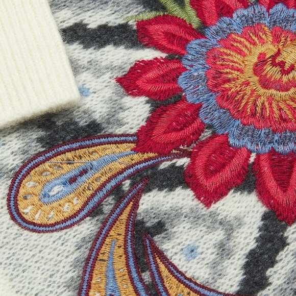 Johnny Was FairIsle Polo Sweater Wool Cashmere Floral Embroidery Ecru L NWT - Picture 15 of 15